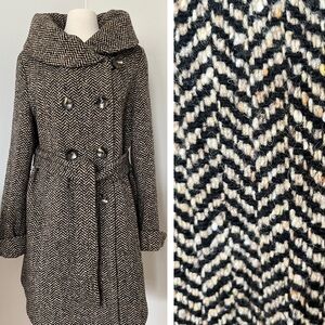 Ellen Tracy Coat Womens 16  Tweed Herringbone Belt Wool Brown Cowl Neck Shawl